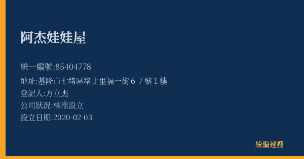 阿杰娃娃屋的照片-統編 85404778(基隆市) 公司登記資料與營業項目詳細圖表