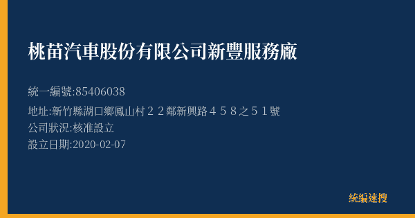 桃苗汽車股份有限公司新豐服務廠的照片-統編 85406038(新竹縣) 公司登記資料與營業項目詳細圖表