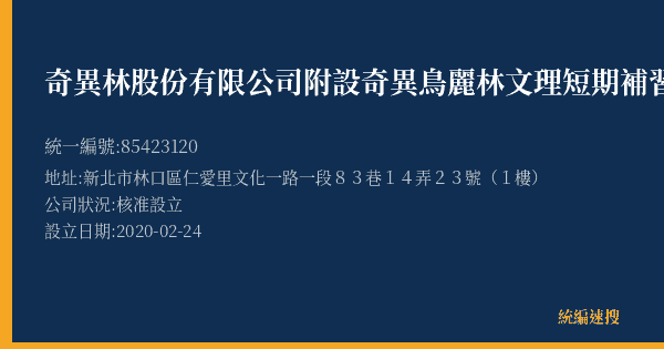 奇異林股份有限公司附設奇異鳥麗林文理短期補習班的照片-統編 85423120(新北市) 公司登記資料與營業項目詳細圖表
