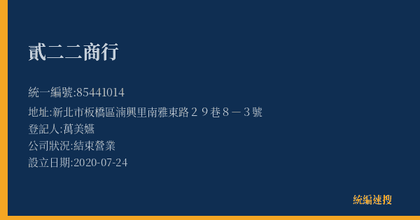 貳二二商行的照片-統編 85441014(新北市) 公司登記資料與營業項目詳細圖表