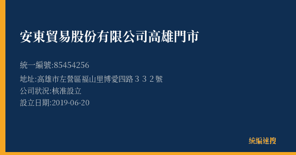安東貿易股份有限公司高雄門市的照片-統編 85454256(高雄市) 公司登記資料與營業項目詳細圖表