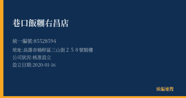 巷口飯糰右昌店的照片-統編 85528594(高雄市) 公司登記資料與營業項目詳細圖表