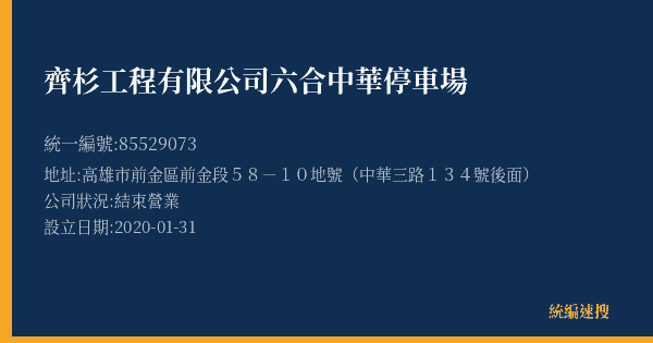 齊杉工程有限公司六合中華停車場的照片-統編 85529073(高雄市) 公司登記資料與營業項目詳細圖表