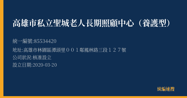 高雄市私立聖城老人長期照顧中心(養護型)的照片-統編 85534420(高雄市) 公司登記資料與營業項目詳細圖表