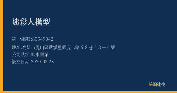 迷彩人模型的照片-統編 85549042(高雄市) 公司登記資料與營業項目詳細圖表