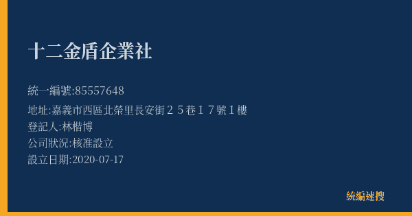 十二金盾企業社的照片-統編 85557648(嘉義市) 公司登記資料與營業項目詳細圖表