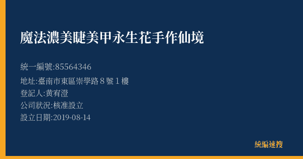 魔法濃美睫美甲永生花手作仙境的照片-統編 85564346(臺南市) 公司登記資料與營業項目詳細圖表