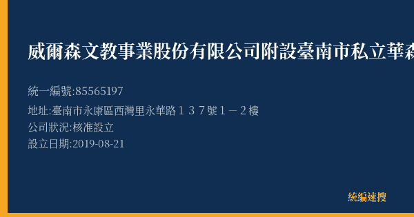威爾森文教事業股份有限公司附設臺南市私立華森文理短期補習班的照片-統編 85565197(臺南市) 公司登記資料與營業項目詳細圖表