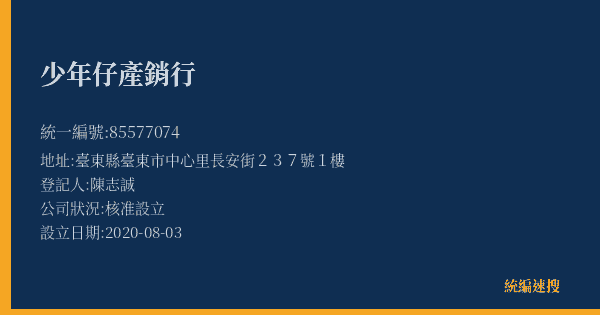 少年仔產銷行的照片-統編 85577074(臺東縣) 公司登記資料與營業項目詳細圖表