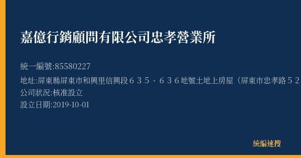 嘉億行銷顧問有限公司忠孝營業所的照片-統編 85580227(屏東縣) 公司登記資料與營業項目詳細圖表