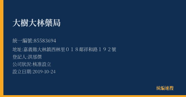 大樹大林藥局的照片-統編 85583694(嘉義縣) 公司登記資料與營業項目詳細圖表