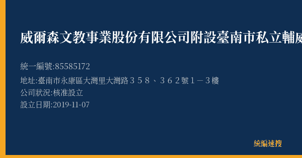 威爾森文教事業股份有限公司附設臺南市私立輔威文理短期補習班的照片-統編 85585172(臺南市) 公司登記資料與營業項目詳細圖表