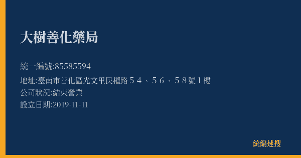 大樹善化藥局的照片-統編 85585594(臺南市) 公司登記資料與營業項目詳細圖表