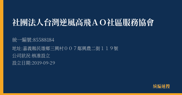 社團法人台灣逆風高飛AO社區服務協會的照片-統編 85588184(嘉義縣) 公司登記資料與營業項目詳細圖表