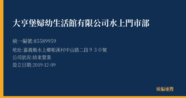 大亨堡婦幼生活館有限公司水上門市部的照片-統編 85589959(嘉義縣) 公司登記資料與營業項目詳細圖表