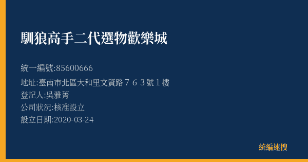 馴狼高手二代選物歡樂城的照片-統編 85600666(臺南市) 公司登記資料與營業項目詳細圖表