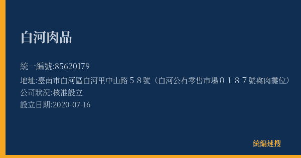 白河肉品的照片-統編 85620179(臺南市) 公司登記資料與營業項目詳細圖表