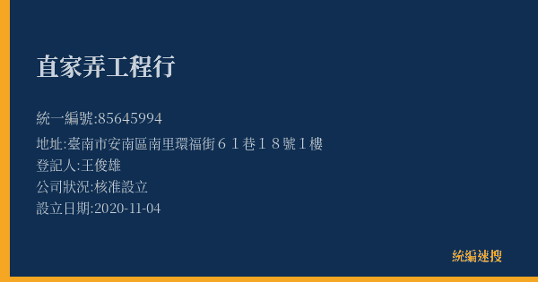 直家弄工程行的照片-統編 85645994(臺南市) 公司登記資料與營業項目詳細圖表
