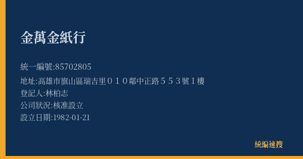 金萬金紙行的照片-統編 85702805(高雄市) 公司登記資料與營業項目詳細圖表
