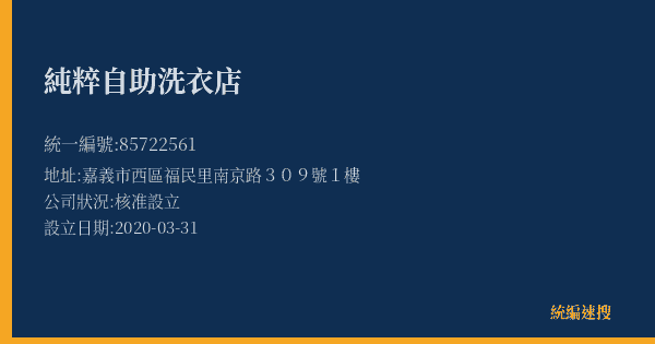 純粹自助洗衣店的照片-統編 85722561(嘉義市) 公司登記資料與營業項目詳細圖表