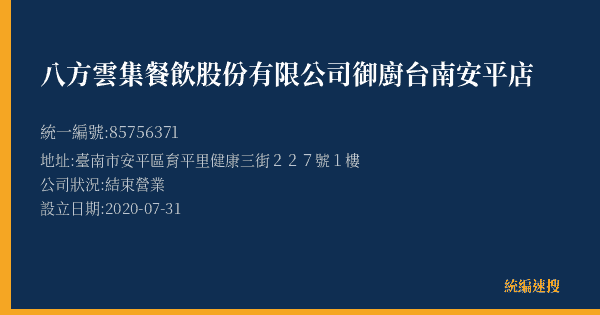 八方雲集餐飲股份有限公司御廚台南安平店的照片-統編 85756371(臺南市) 公司登記資料與營業項目詳細圖表