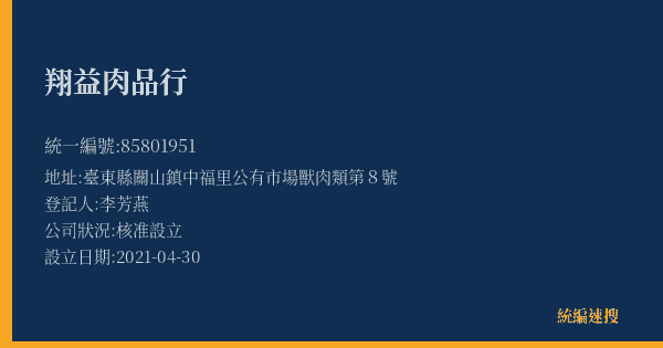 翔益肉品行的照片-統編 85801951(臺東縣) 公司登記資料與營業項目詳細圖表