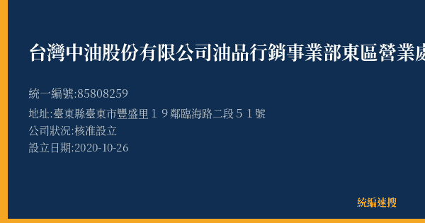 台灣中油股份有限公司油品行銷事業部東區營業處豐榮加油站的照片-統編 85808259(臺東縣) 公司登記資料與營業項目詳細圖表