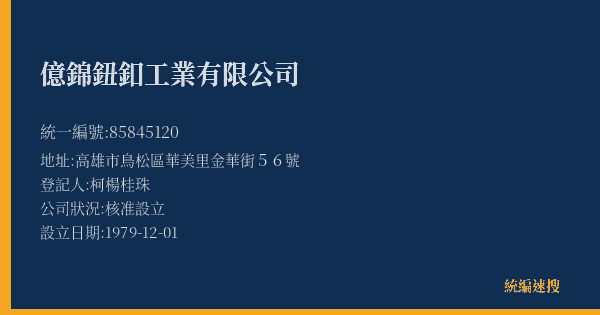 億錦鈕釦工業有限公司的照片-統編 85845120(高雄市) 公司登記資料與營業項目詳細圖表