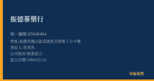 振德蔘藥行的照片-統編 85848484(高雄市) 公司登記資料與營業項目詳細圖表