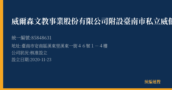 威爾森文教事業股份有限公司附設臺南市私立威佃文理短期補習班的照片-統編 85848631(臺南市) 公司登記資料與營業項目詳細圖表