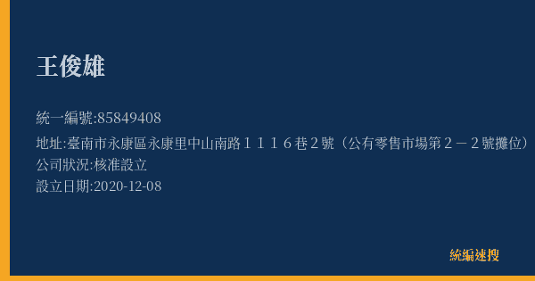 王俊雄的照片-統編 85849408(臺南市) 公司登記資料與營業項目詳細圖表