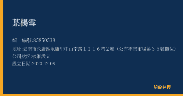 葉楊雪的照片-統編 85850538(臺南市) 公司登記資料與營業項目詳細圖表