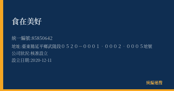 食在美好的照片-統編 85850642(臺東縣) 公司登記資料與營業項目詳細圖表
