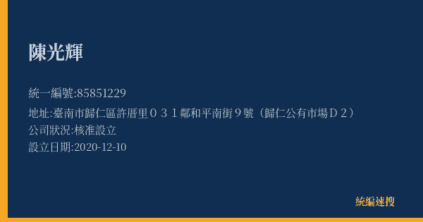 陳光輝的照片-統編 85851229(臺南市) 公司登記資料與營業項目詳細圖表