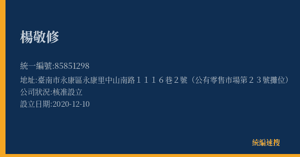 楊敬修的照片-統編 85851298(臺南市) 公司登記資料與營業項目詳細圖表