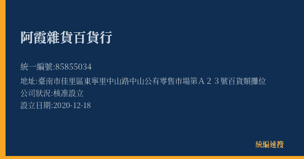 阿霞雜貨百貨行的照片-統編 85855034(臺南市) 公司登記資料與營業項目詳細圖表