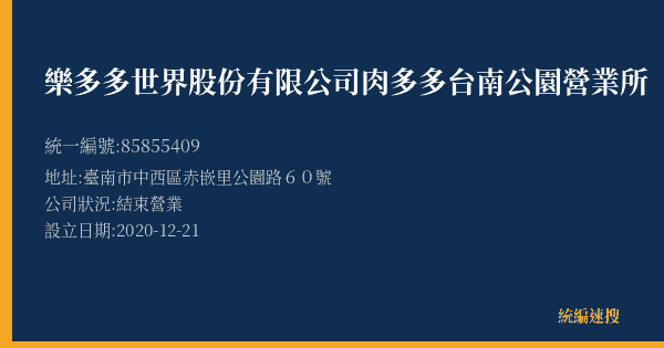 樂多多世界股份有限公司肉多多台南公園營業所的照片-統編 85855409(臺南市) 公司登記資料與營業項目詳細圖表