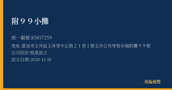 附99小攤的照片-統編 85857259(臺南市) 公司登記資料與營業項目詳細圖表