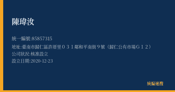 陳瑋汝的照片-統編 85857315(臺南市) 公司登記資料與營業項目詳細圖表