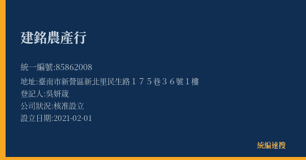 建銘農產行的照片-統編 85862008(臺南市) 公司登記資料與營業項目詳細圖表