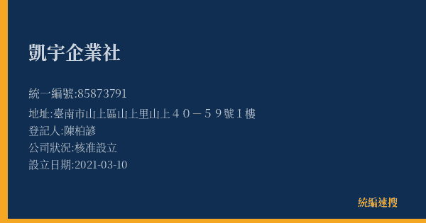 凱宇企業社的照片-統編 85873791(臺南市) 公司登記資料與營業項目詳細圖表