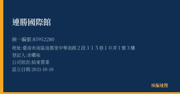 連勝國際館的照片-統編 85952280(臺南市) 公司登記資料與營業項目詳細圖表