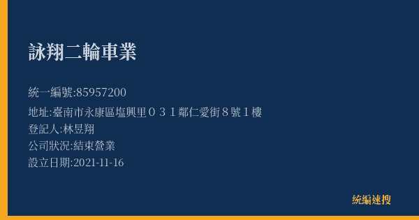 詠翔二輪車業的照片-統編 85957200(臺南市) 公司登記資料與營業項目詳細圖表