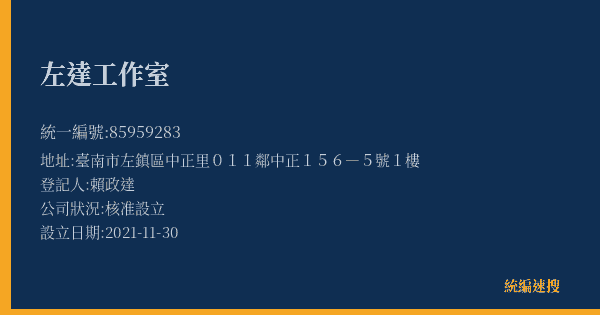 左達工作室的照片-統編 85959283(臺南市) 公司登記資料與營業項目詳細圖表