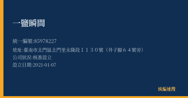 一鹽瞬間的照片-統編 85978227(臺南市) 公司登記資料與營業項目詳細圖表