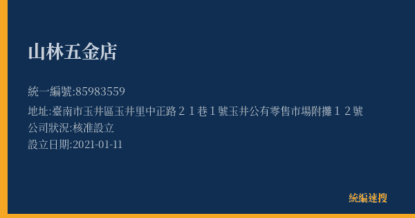 山林五金店的照片-統編 85983559(臺南市) 公司登記資料與營業項目詳細圖表