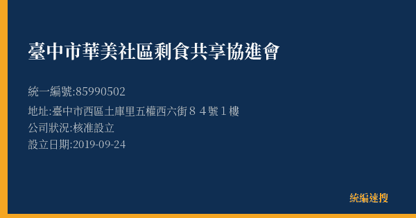 臺中市華美社區剩食共享協進會的照片-統編 85990502(臺中市) 公司登記資料與營業項目詳細圖表