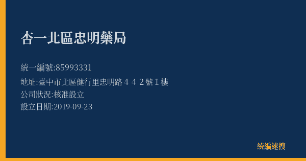杏一北區忠明藥局的照片-統編 85993331(臺中市) 公司登記資料與營業項目詳細圖表