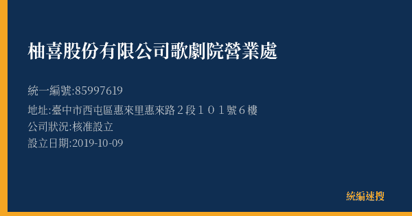 柚喜股份有限公司歌劇院營業處的照片-統編 85997619(臺中市) 公司登記資料與營業項目詳細圖表