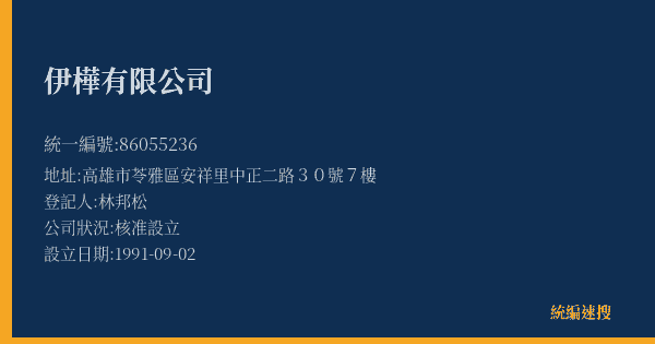 伊樺有限公司的照片-統編 86055236(高雄市) 公司登記資料與營業項目詳細圖表